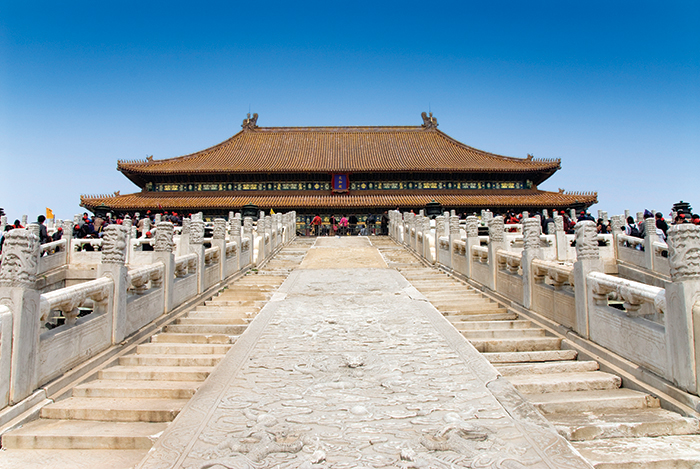 China, Beijing, Forbidden City, Hall of Supreme Harmony (Tai He Dian), stone dragon marble carving leading up to the hall